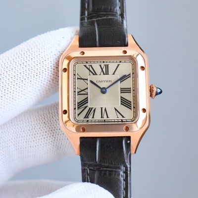 Cartier Italian Cowhide Leather Braclet 18K Rose Gold Women Diamond Bezel Watch